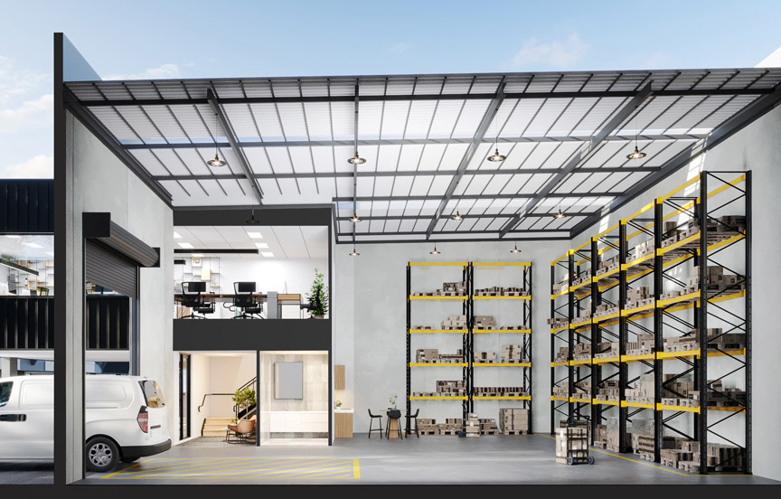 a warehouse with shelves and a truck