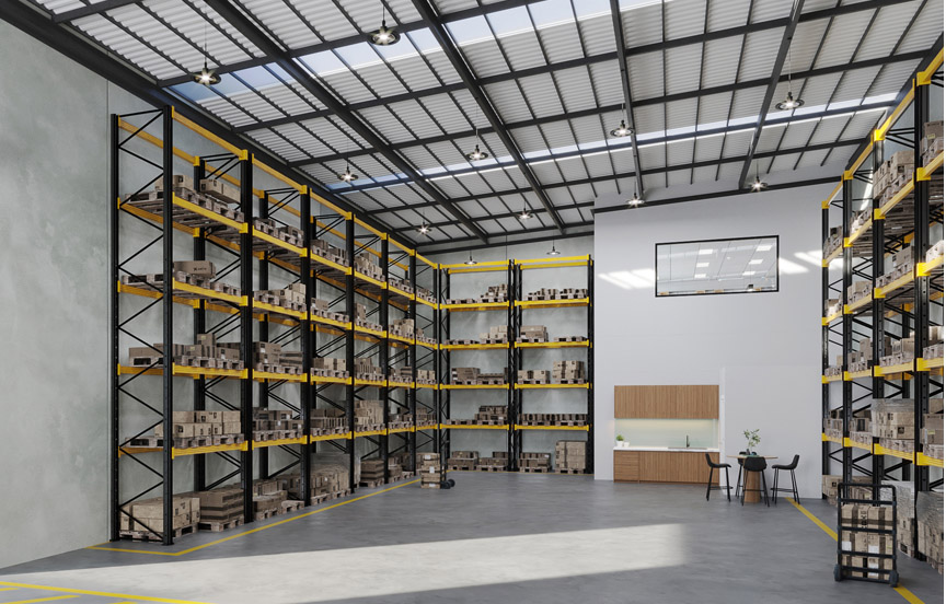 a large warehouse with shelves and a table