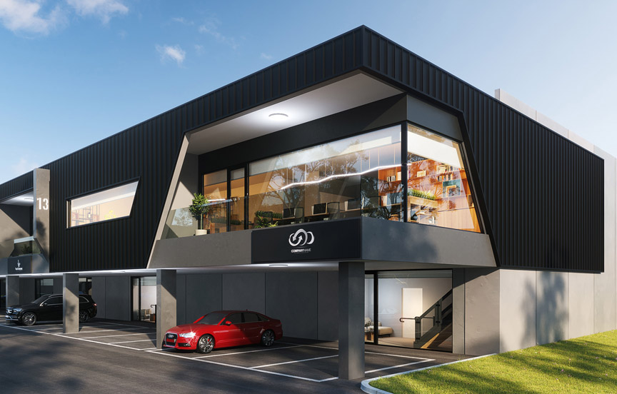 a building with a parking lot and a red car